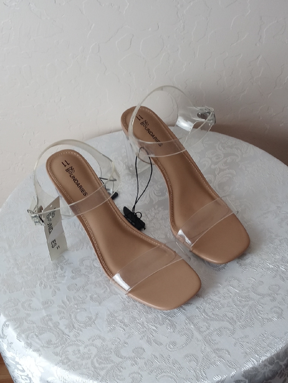 NWT No Boundaries Clear Strap Tan Block Heel Sandals